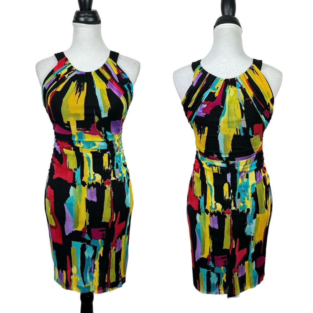 Kay Unger Black Colorful Brush Stroke Artsy Print Sleeveless Mesh Bodycon Dress